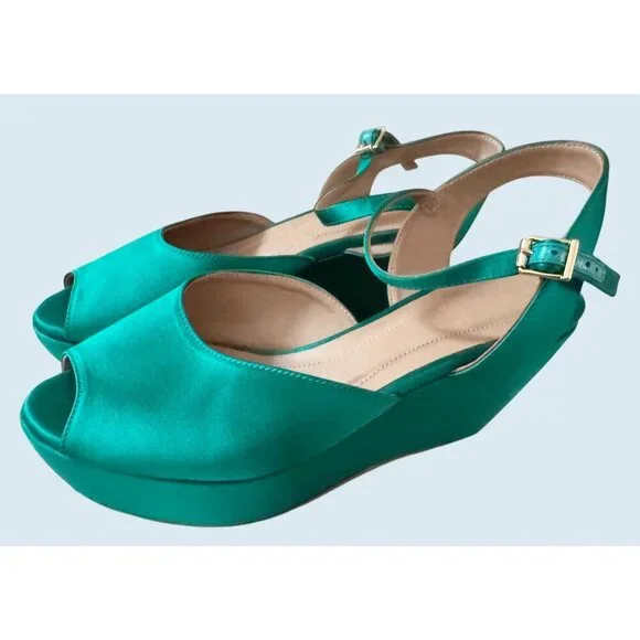 MARNI Emerald Green Satin Platform Peep Toe Ankle Strap Sandal Sz 9 - Picture 4 of 8